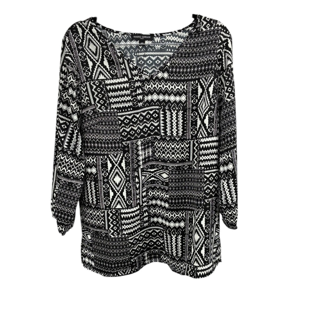 Black White Geometric Print Pullover Blouse Long Sleeve Top M‎ Mario Serrani